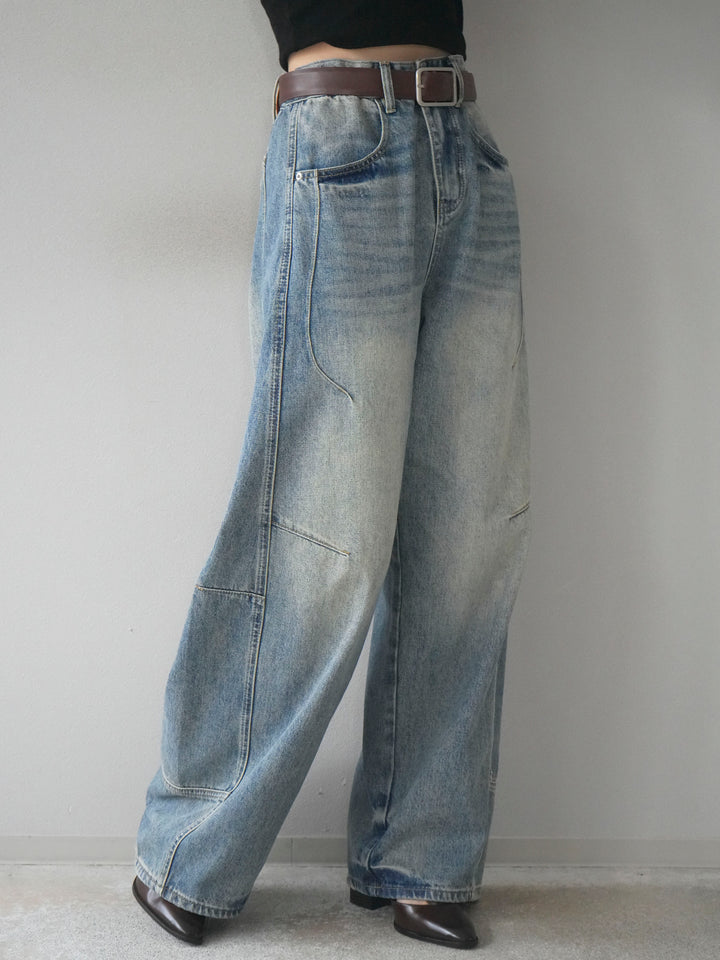 [予約]ベルト付カーブデニムパンツ/lightblue