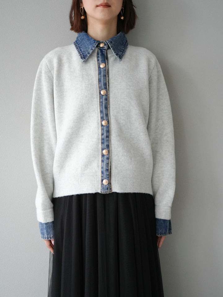 [予約]デニム襟ボタンニットカーディガン/オートミール