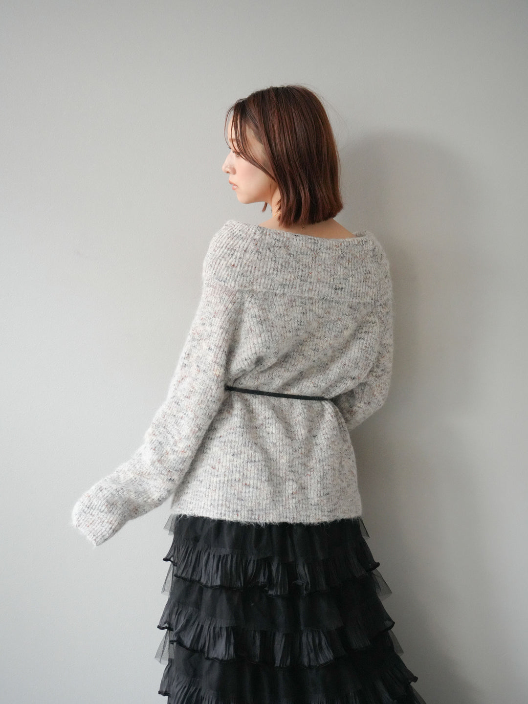 [予約]ミックスヤーンオフショルルーズニットプルオーバー/ベージュ