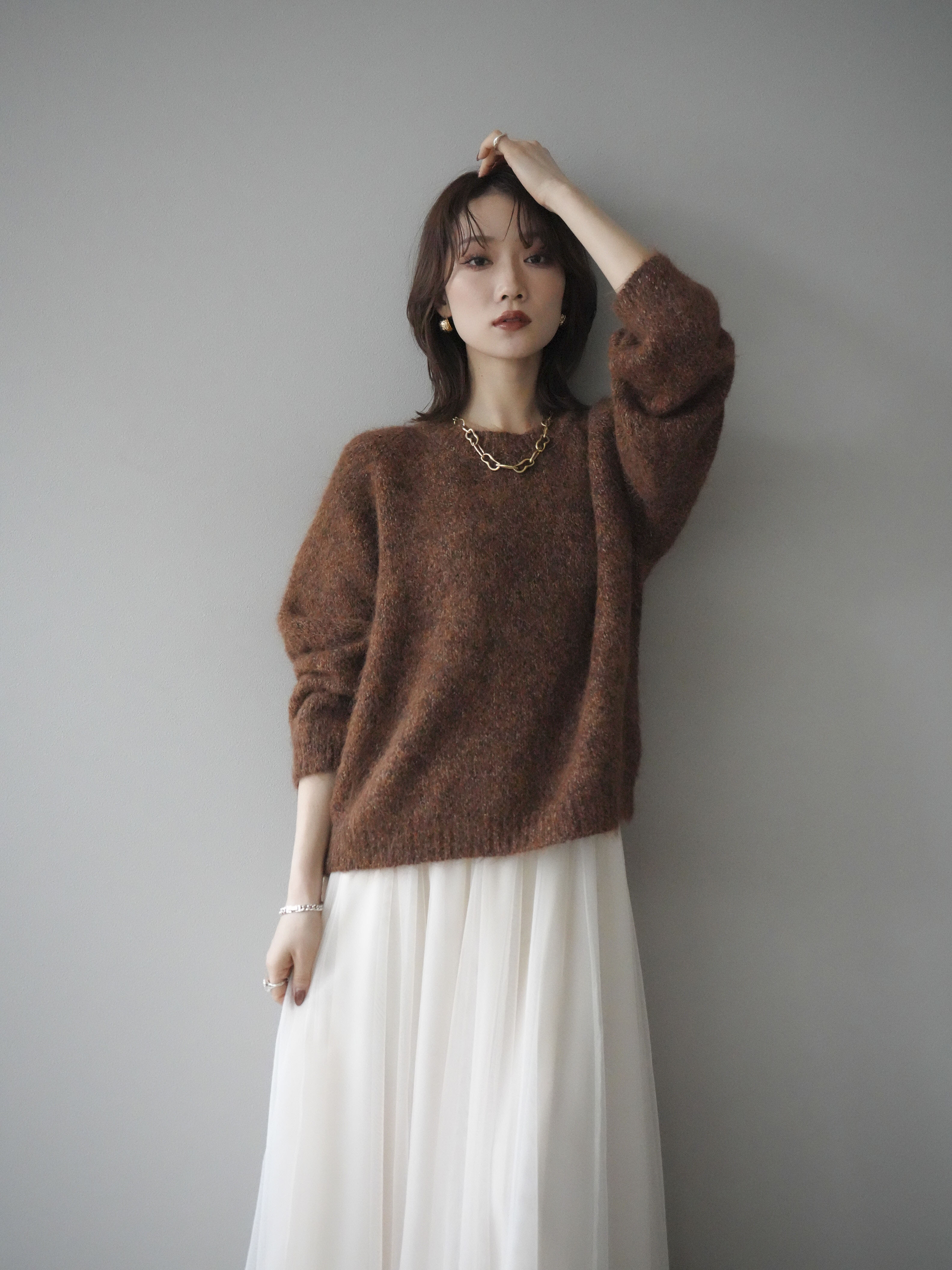予約]ロゴラベルミックスヤーンニットプルオーバー/brown – Lumier