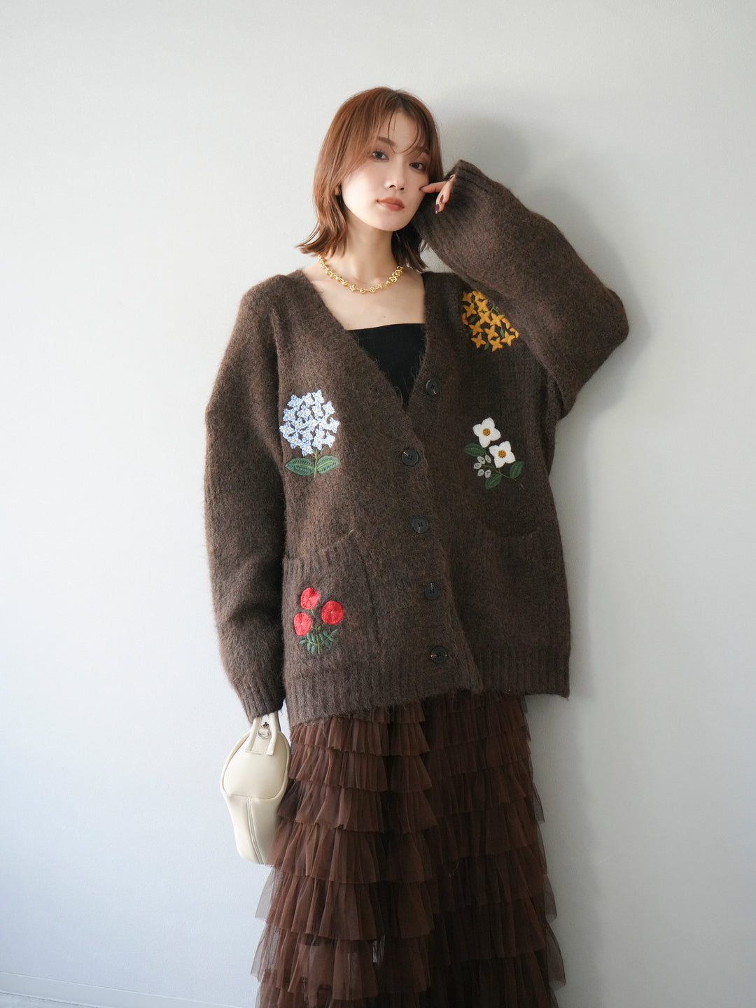 [SET] 花朵刺繡V領寬鬆針織開襟衫 + 薄紗層疊裙 (2套)