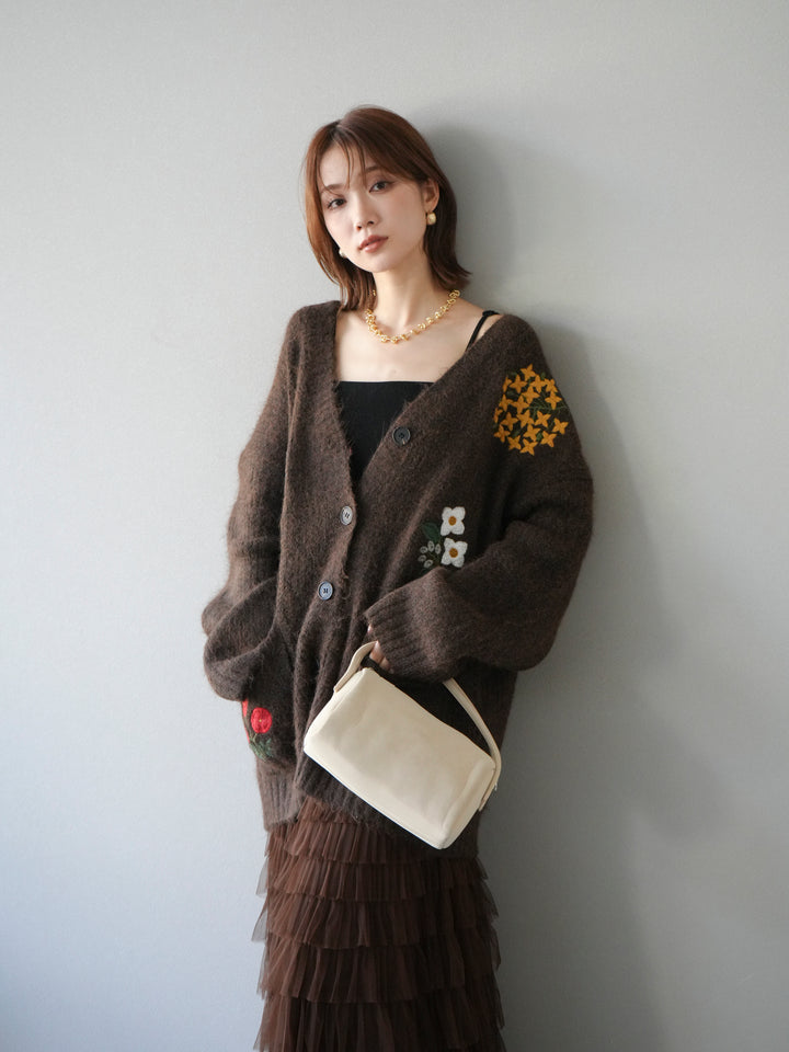 [SET] 花朵刺繡V領寬鬆針織開襟衫 + 薄紗層疊裙 (2套)
