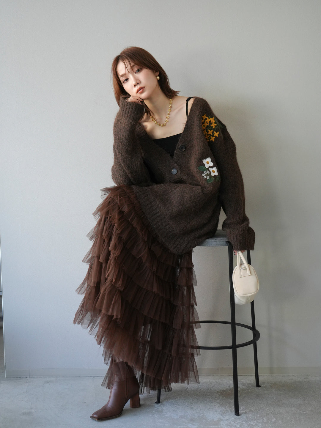 [SET] 花朵刺繡V領寬鬆針織開襟衫 + 薄紗層疊裙 (2套)