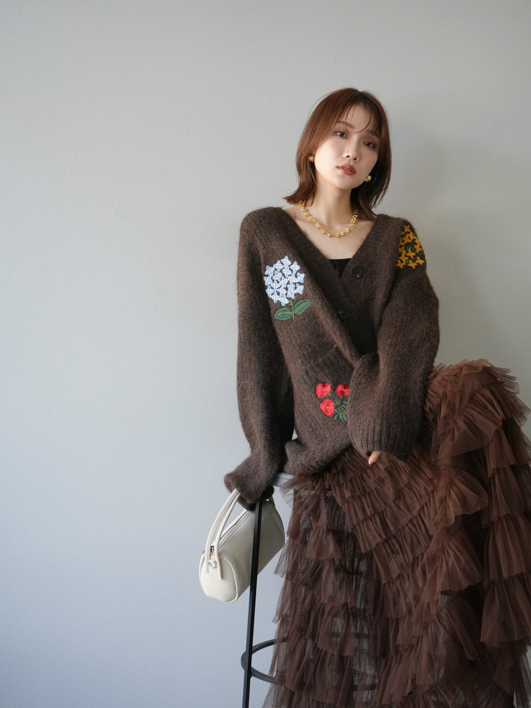 [SET] 花朵刺繡V領寬鬆針織開襟衫 + 薄紗層疊裙 (2套)