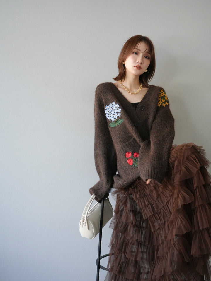 [SET] 花朵刺繡V領寬鬆針織開襟衫 + 薄紗層疊裙 (2套)