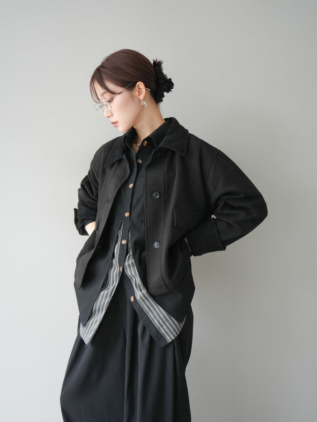 [予約]コーデュロイ切替スウェードショートジャケット/ブラック