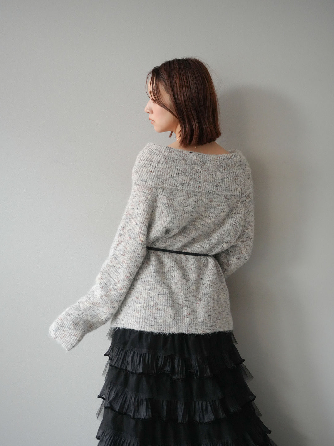 [予約]ミックスヤーンオフショルルーズニットプルオーバー/ベージュ