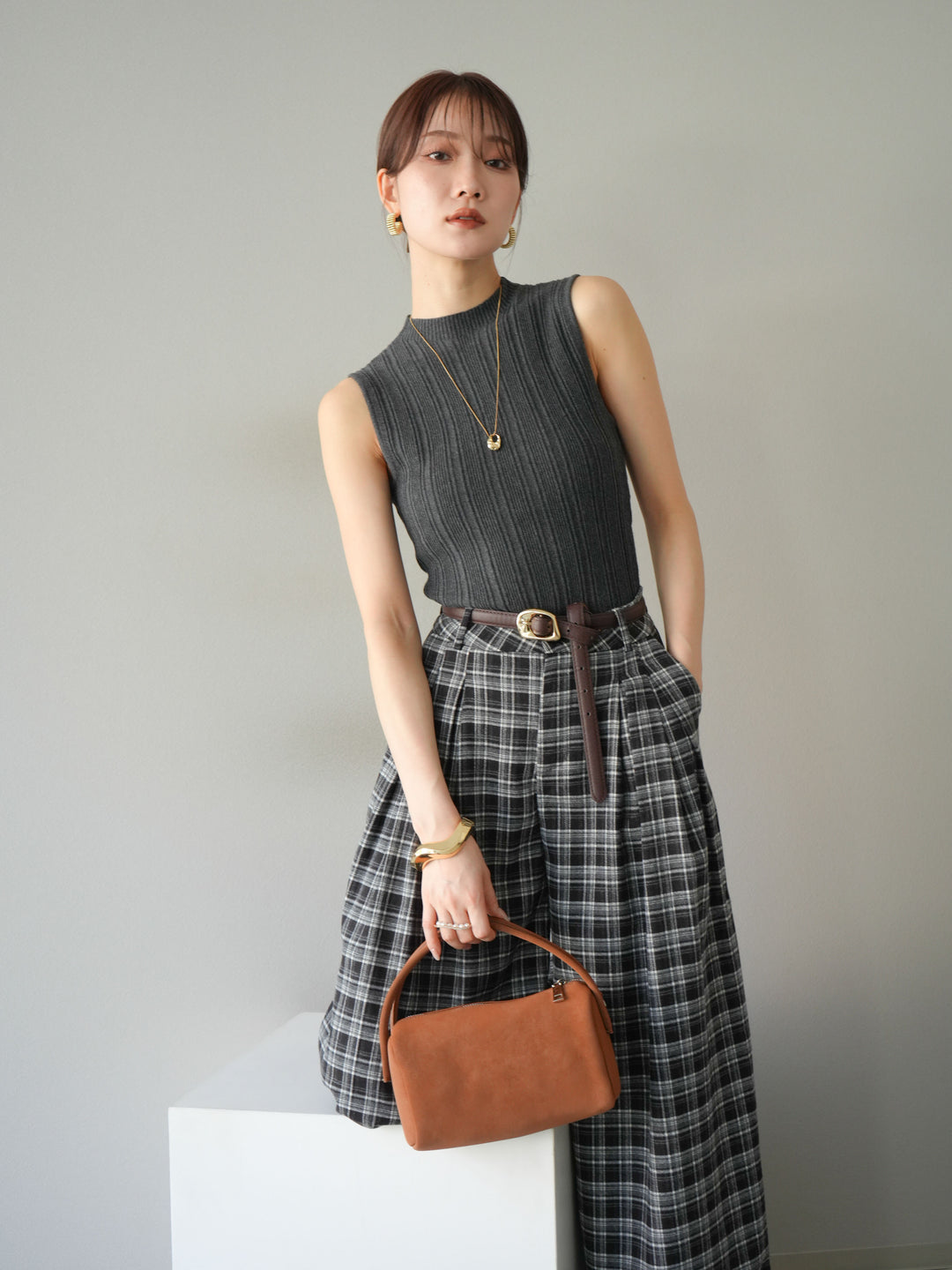 [予約]スリーブレスランダムリブニットトップス/グレー