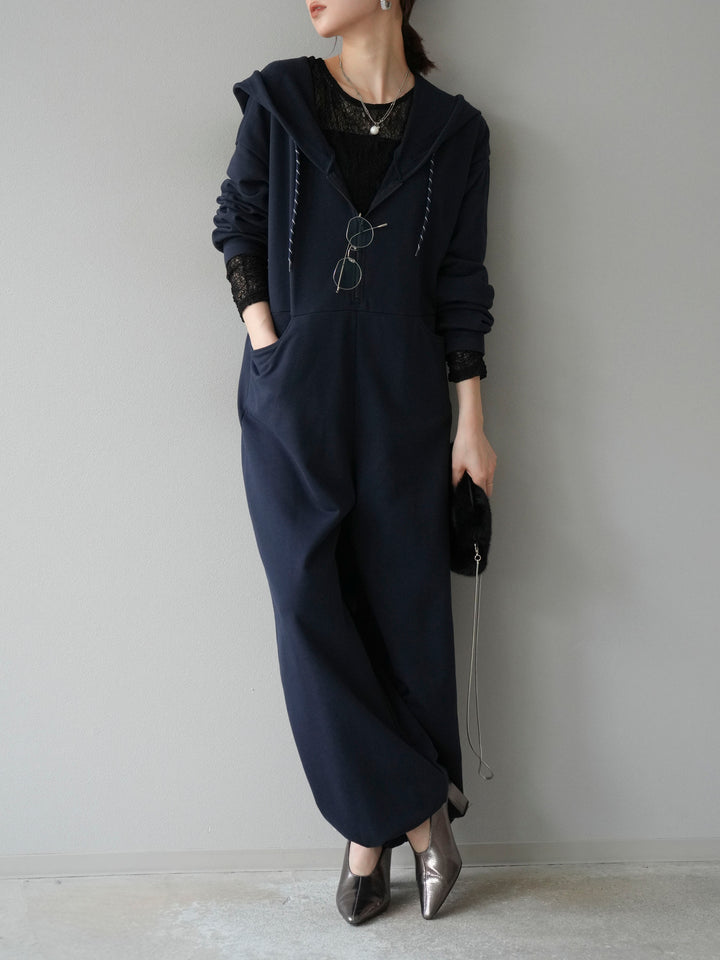 [予約]ミニ裏毛フーディージャンプスーツ/ダークネイビー