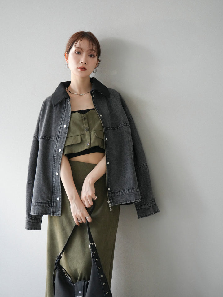 [予約]スウェード襟切替デニムブルゾン/ブラック