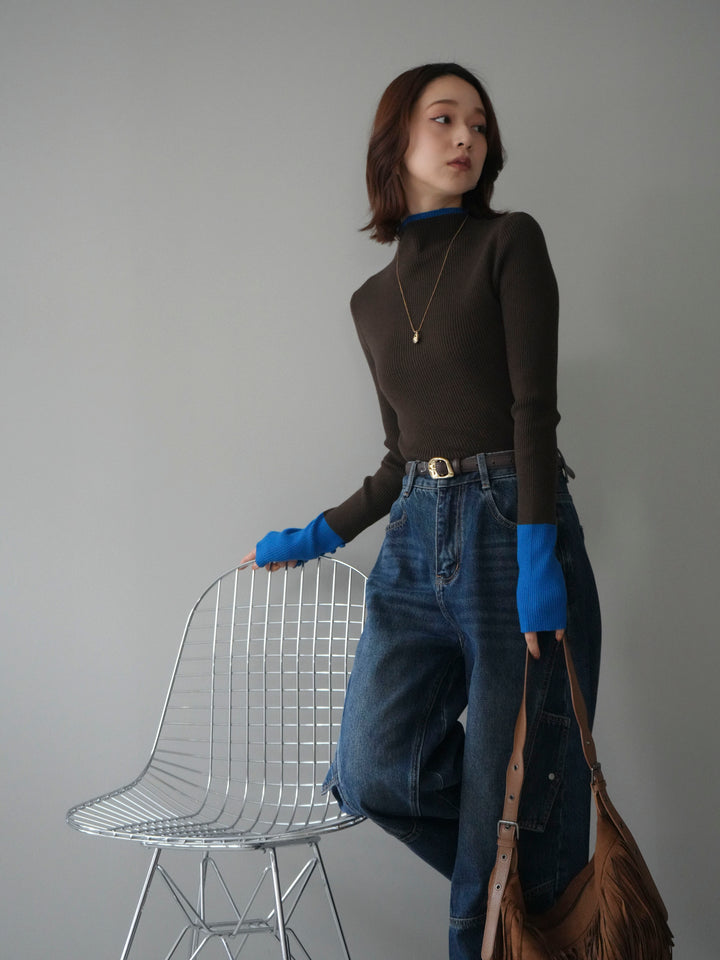 [SET]袖ボタンハイネック配色リブニットトップス+袖ボタンハイネック配色リブニットトップス(2set)