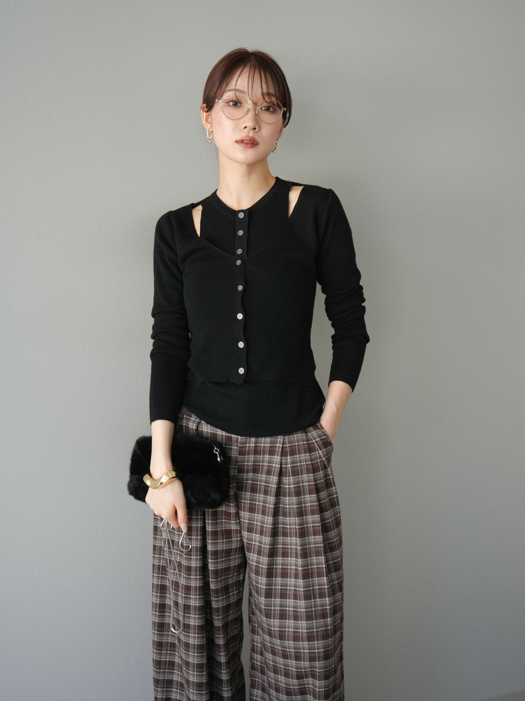 [予約]レイヤードデザインニットカーディガン/ブラック