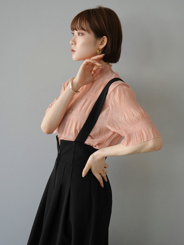 [SET] Shirring chiffon half sleeve blouse + 2WAY flare jumper skirt (2set)