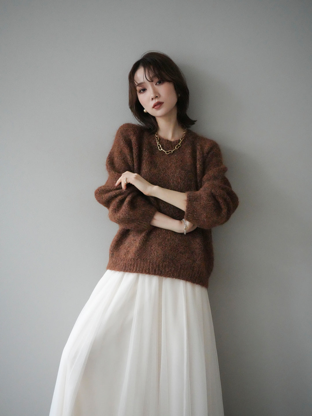 【預購】Logo標籤混紡紗線針織套頭衫/褐色