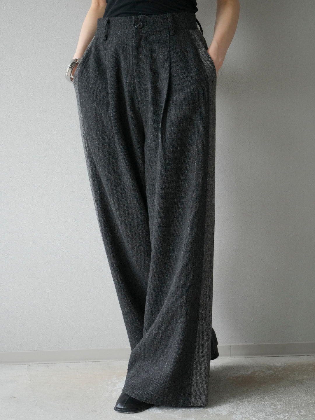 [予約]ツイードサイド配色ワイドパンツ/ブラック