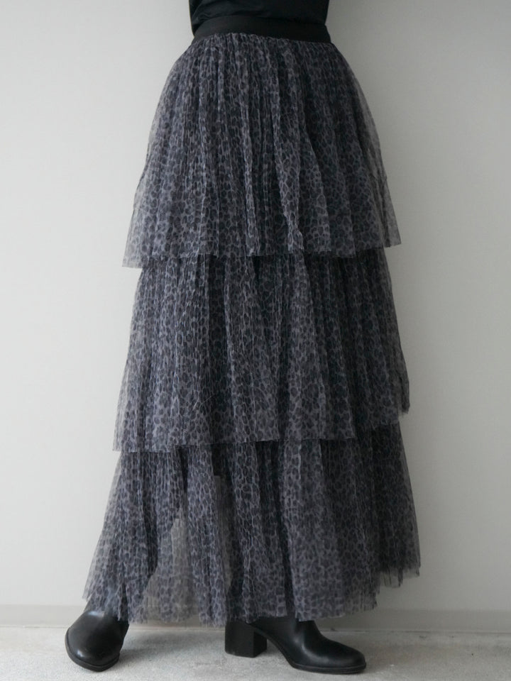 [予約]レオパード柄チュールフリルスカート/gray