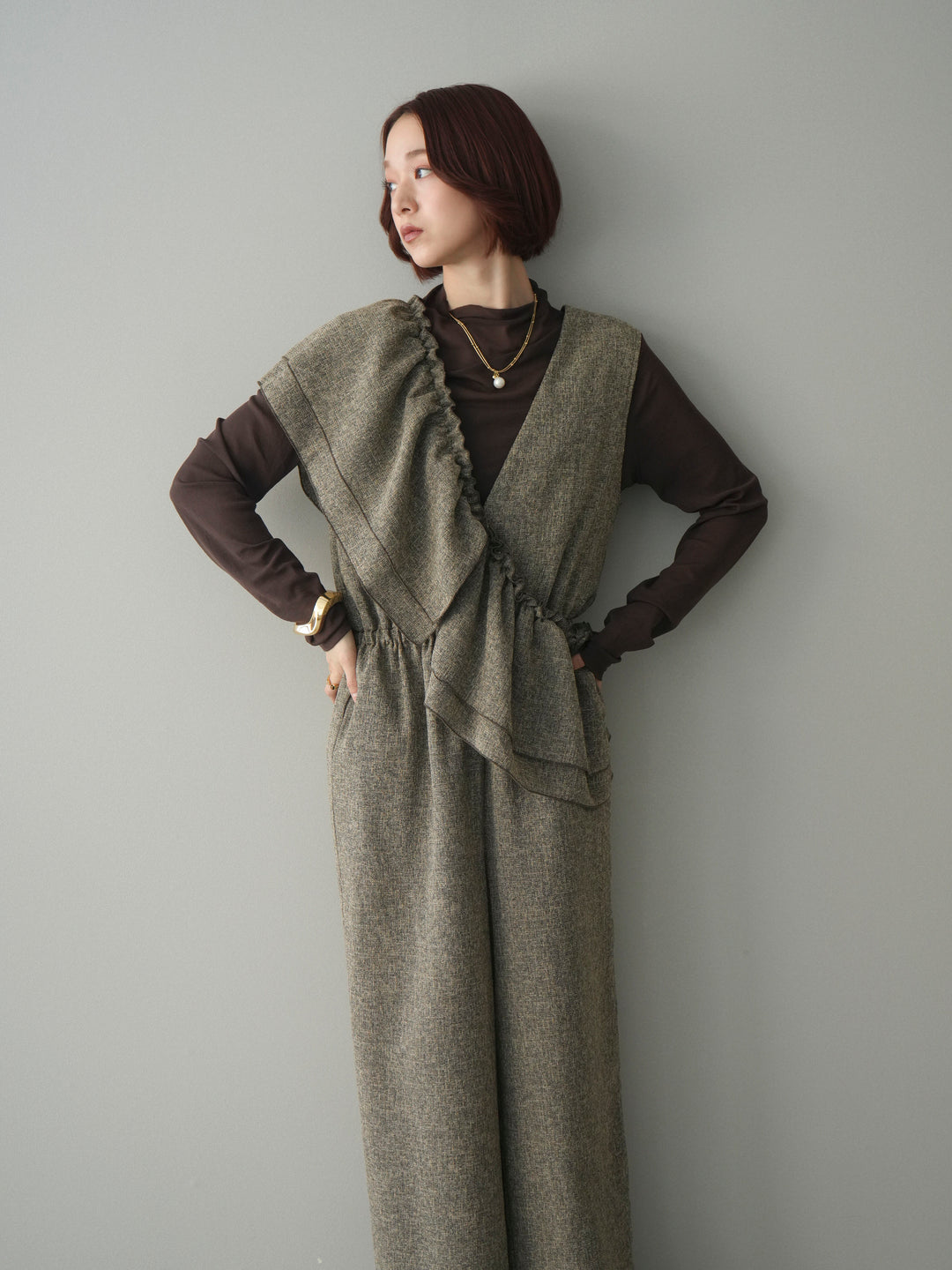 [SET]3WAYミックスツイードギャザーオールインワン+シアープチネックストレッチトップス(2set)