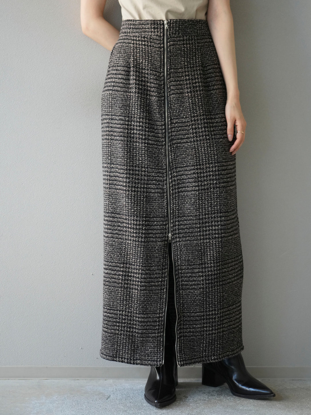 [予約]ツイードジップタイトスカート/brown