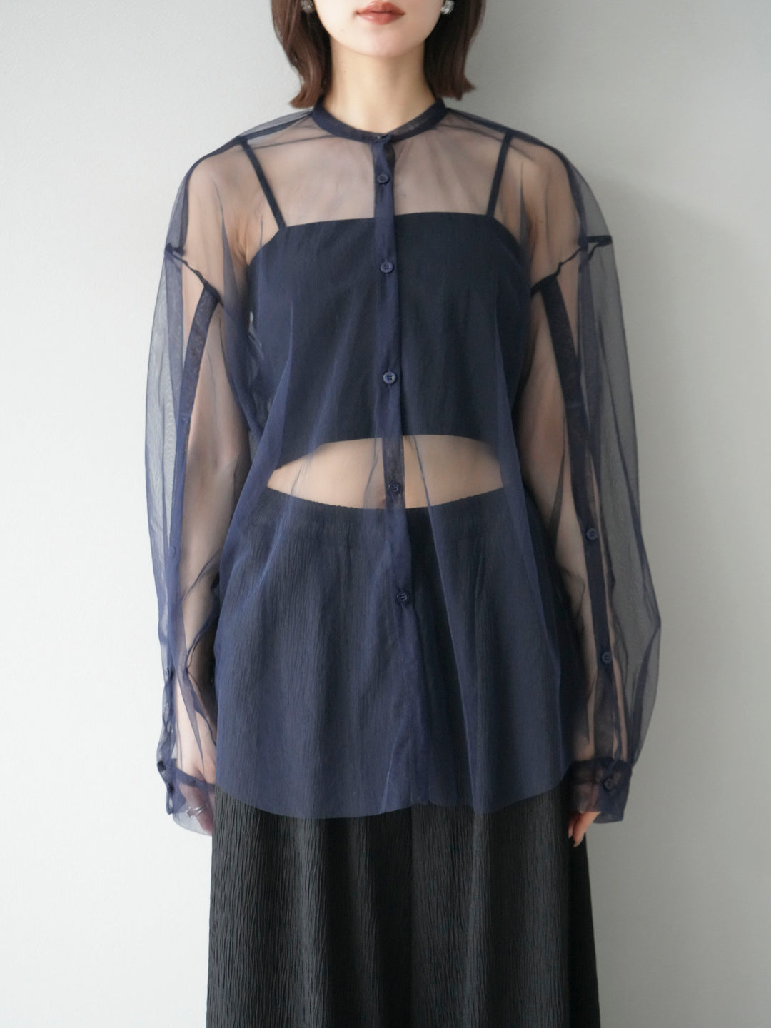 [予約]2WAYスリーブチュールシャツ/ネイビー