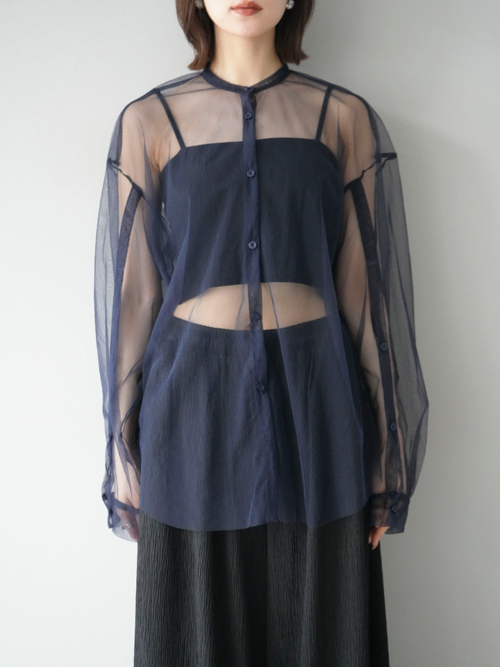 [予約]2WAYスリーブチュールシャツ/ネイビー