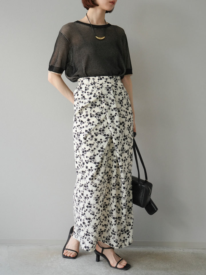 [SET]リネンタッチ配色二重臼ハーフニットトップス+選べるアソート柄スカートセット(2set)