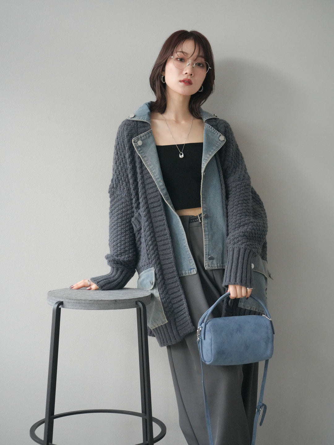 [SET]デニム襟レイヤードニットジャケット+ベルトループデザインワイドパンツ(2set)