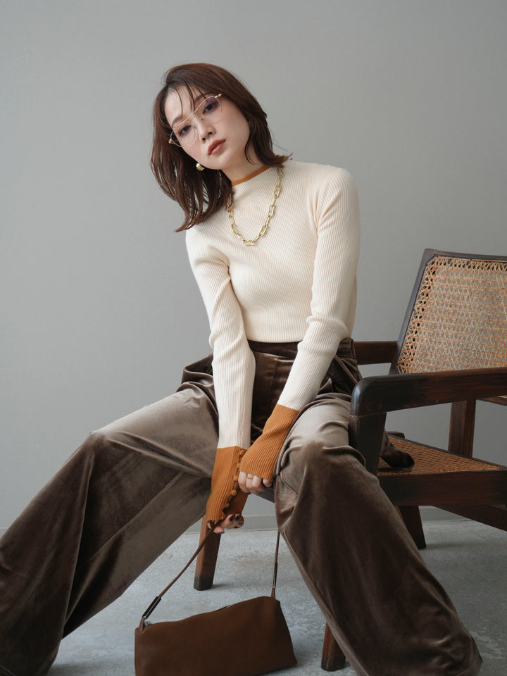 [予約]袖ボタンハイネック配色リブニットトップス/ivory