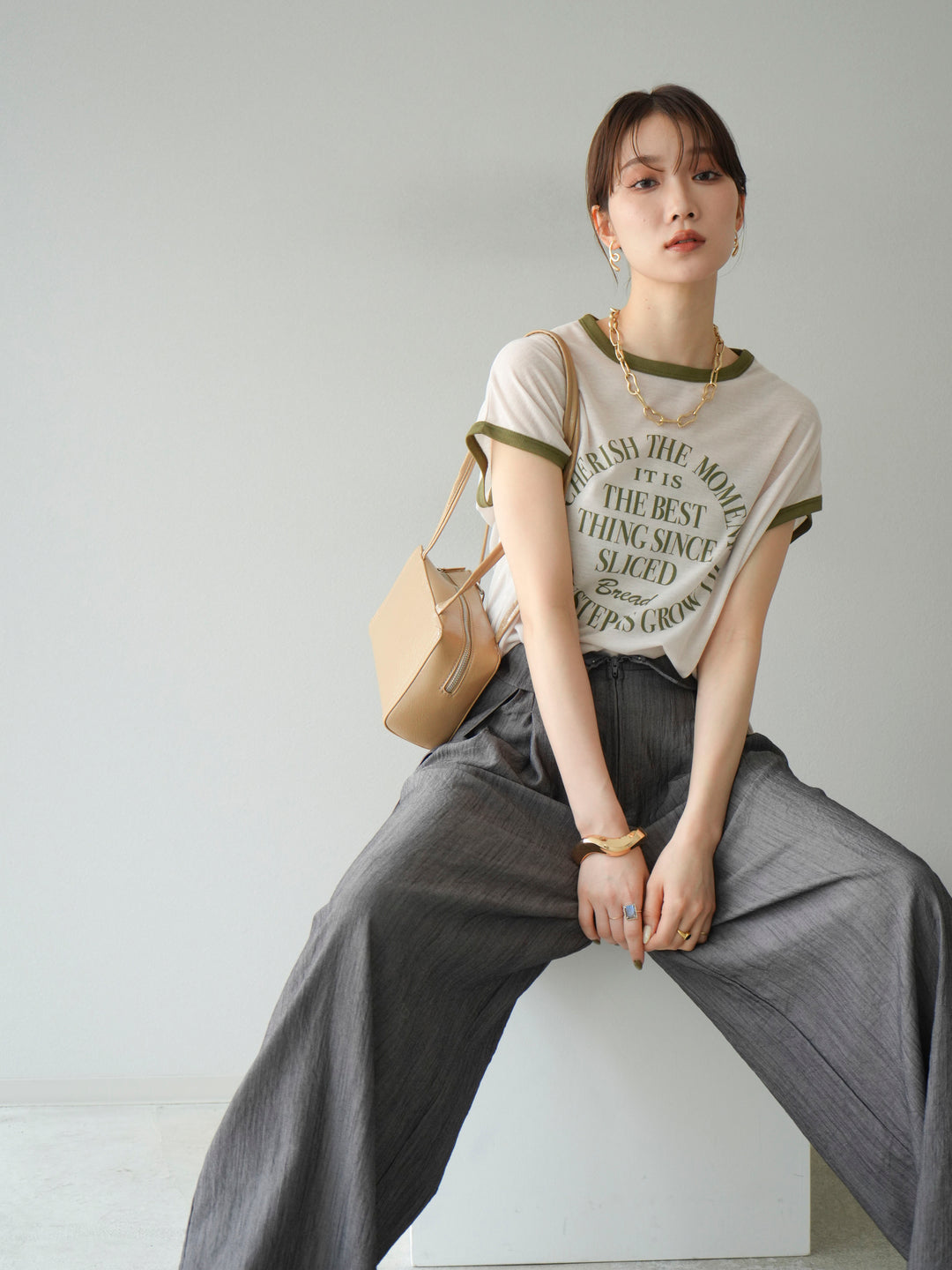 [SET]ストリングデザインハイウエストサロペット+シアーフライス ロゴプリントT (2set)