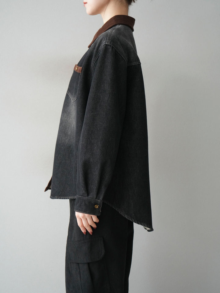 [予約]裏起毛コーデュロイ襟デニムシャツジャケット/black