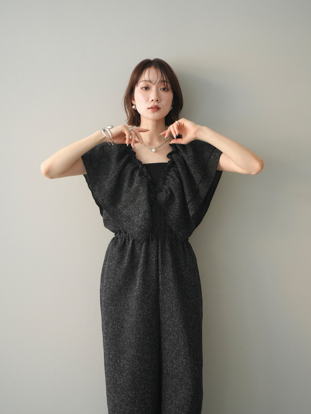 [SET]3WAYミックスツイードギャザーオールインワン+選べるアクセセット(2set)