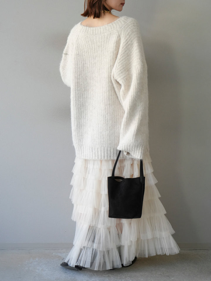 [SET] 花朵刺繡V領寬鬆針織開襟衫 + 薄紗層疊裙 (2套)