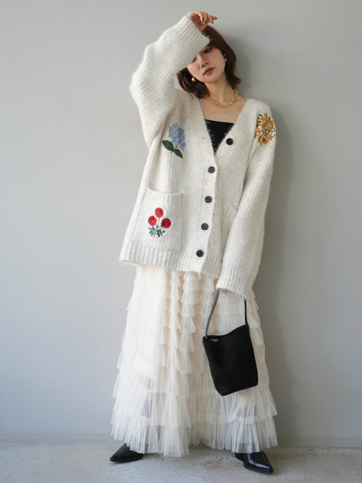 [SET] 花朵刺繡V領寬鬆針織開襟衫 + 薄紗層疊裙 (2套)
