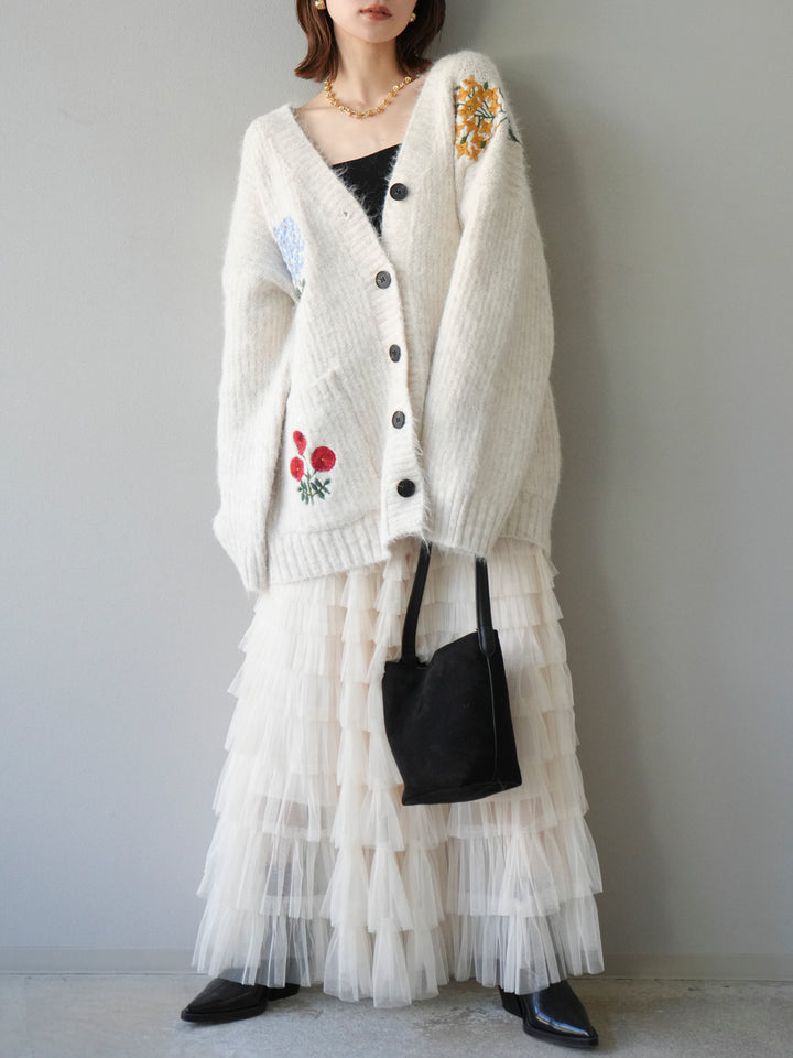 [SET] 花朵刺繡V領寬鬆針織開襟衫 + 薄紗層疊裙 (2套)