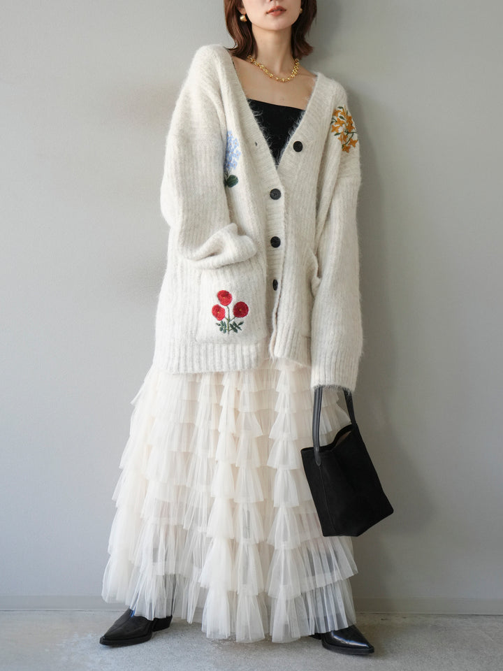 [SET] 花朵刺繡V領寬鬆針織開襟衫 + 薄紗層疊裙 (2套)