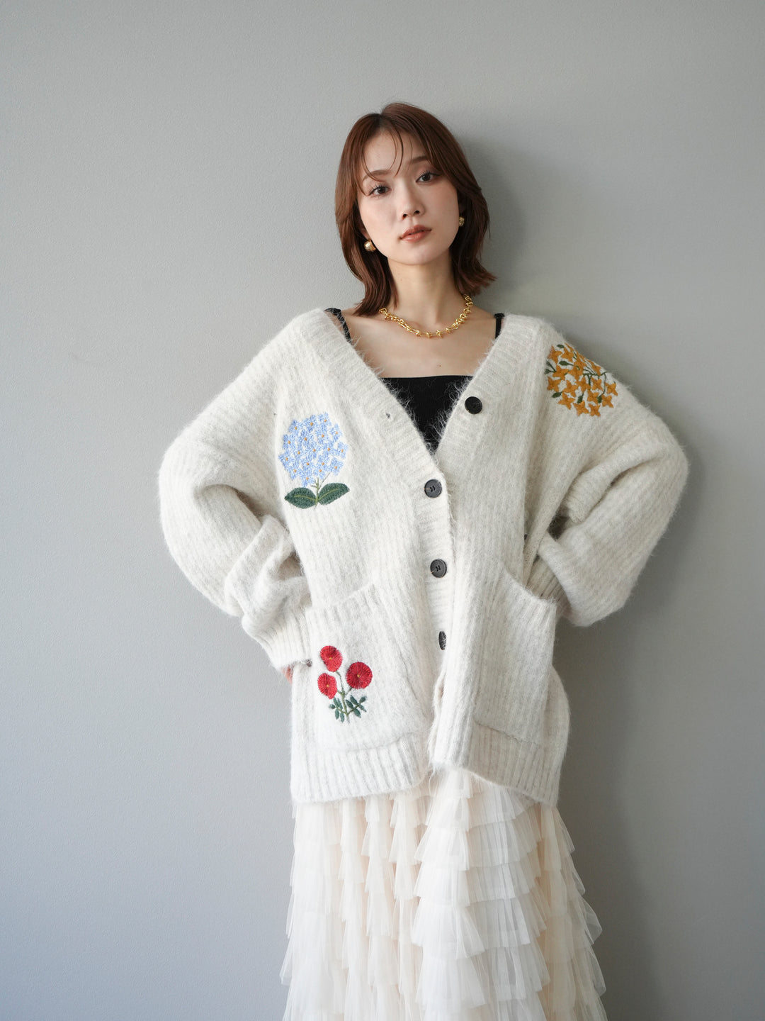 [SET] 花朵刺繡V領寬鬆針織開襟衫 + 薄紗層疊裙 (2套)