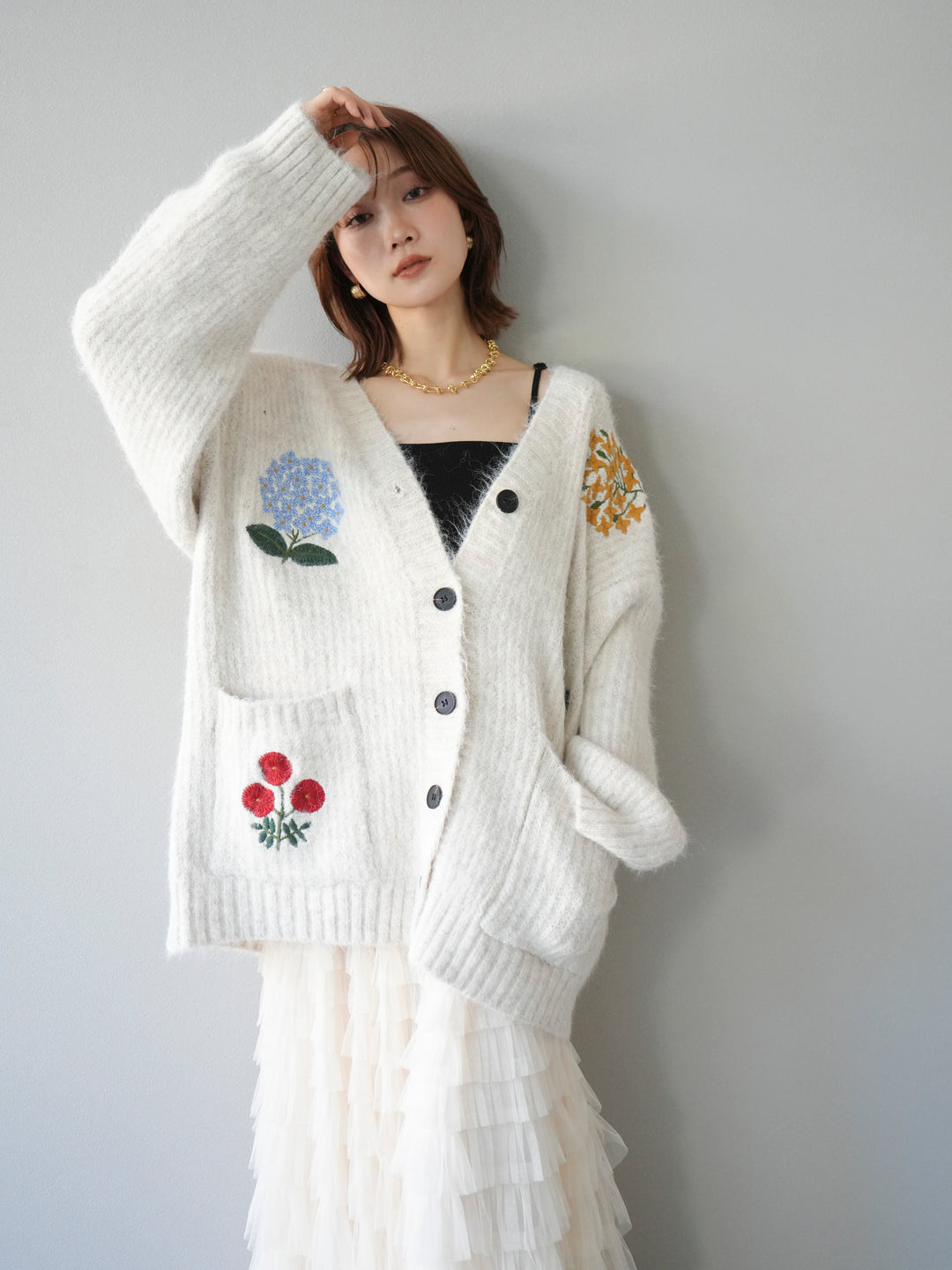 [SET] 花朵刺繡V領寬鬆針織開襟衫 + 薄紗層疊裙 (2套)