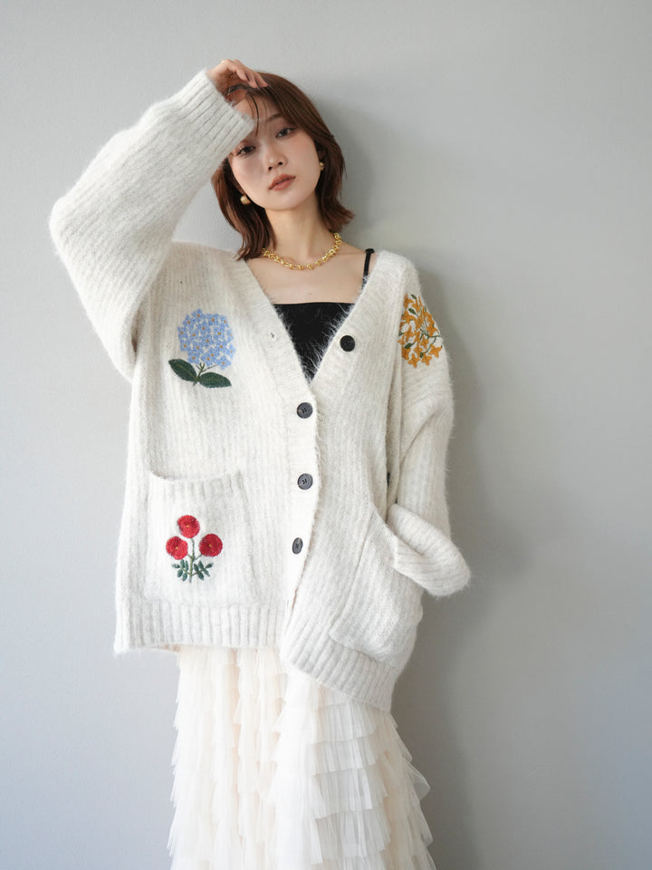 [SET] 花朵刺繡V領寬鬆針織開襟衫 + 薄紗層疊裙 (2套)