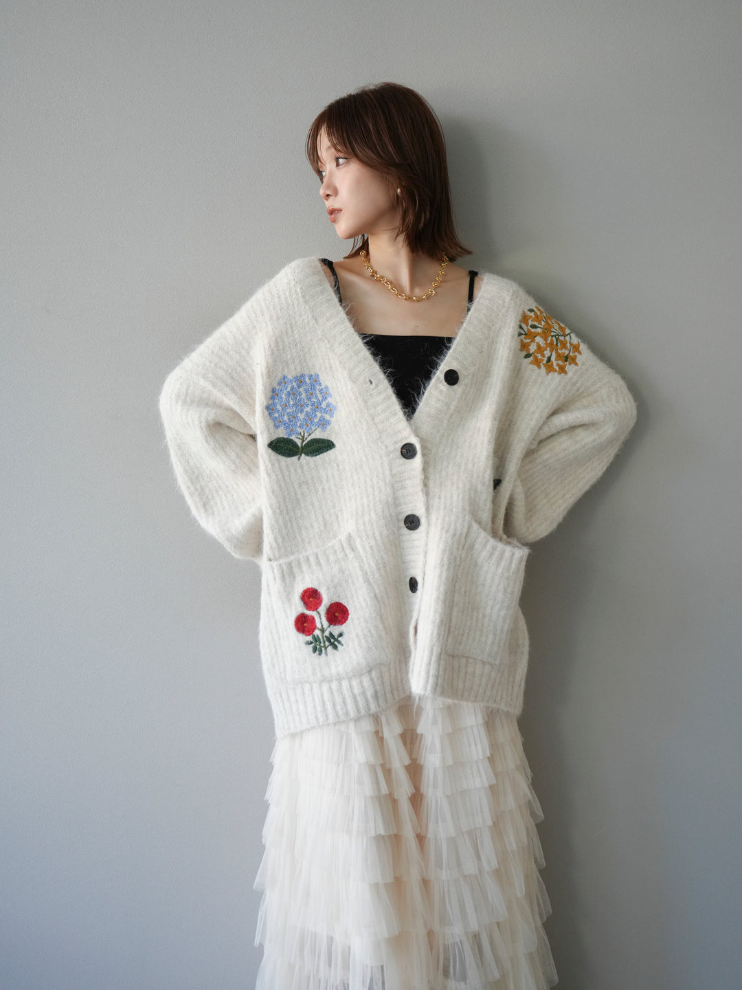 [SET] 花朵刺繡V領寬鬆針織開襟衫 + 薄紗層疊裙 (2套)