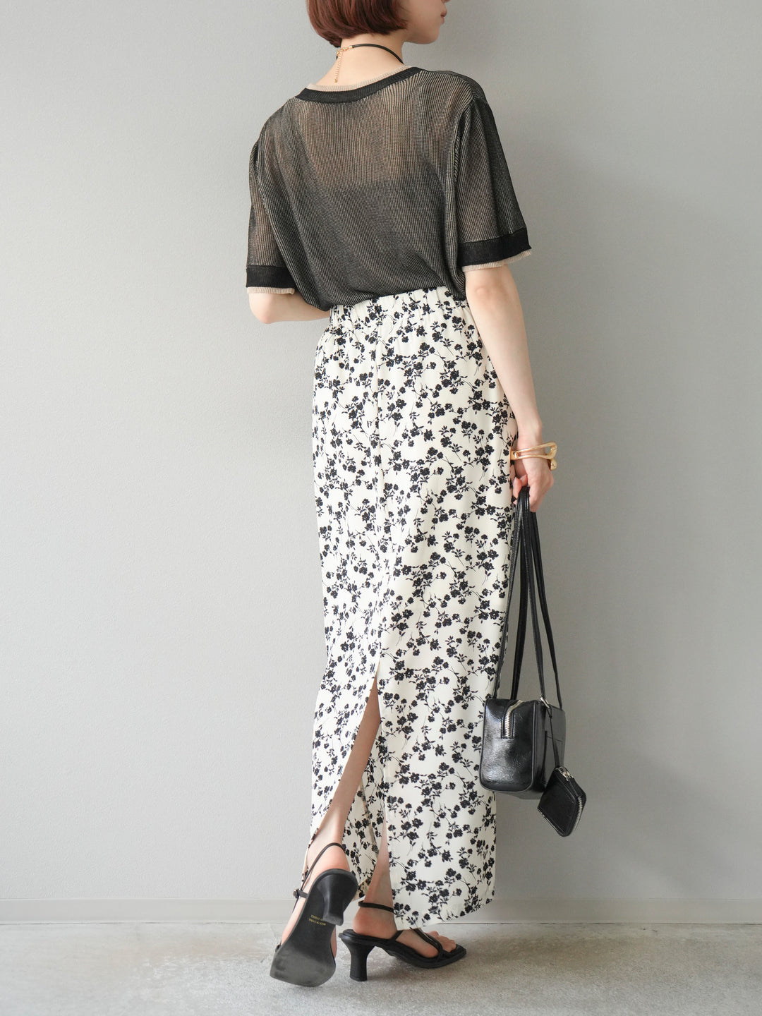 [SET]リネンタッチ配色二重臼ハーフニットトップス+選べるアソート柄スカートセット(2set)