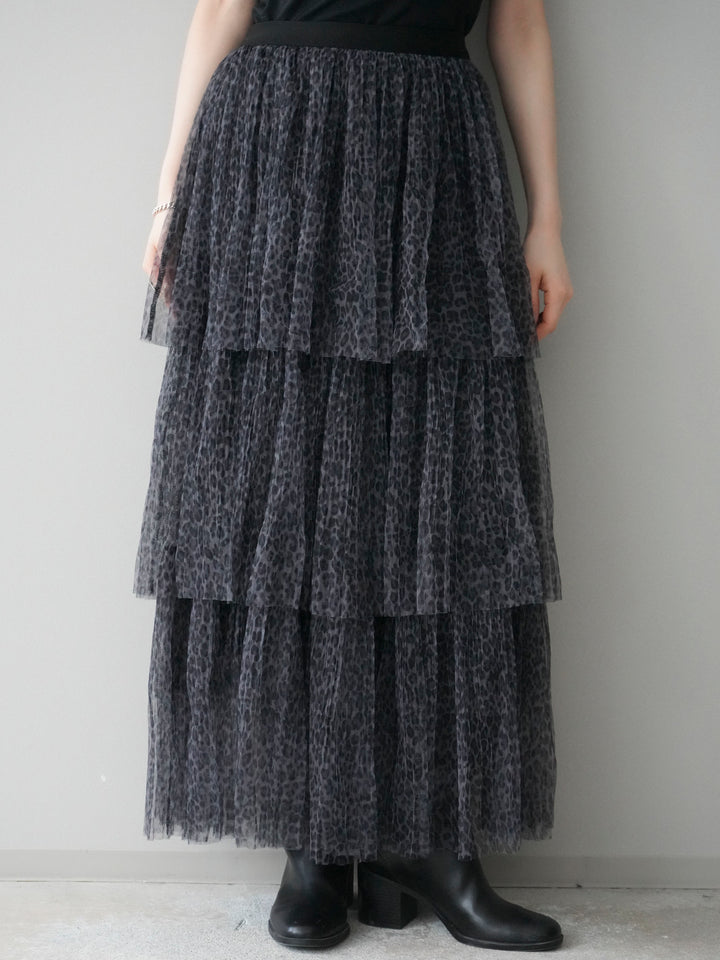 [予約]レオパード柄チュールフリルスカート/gray