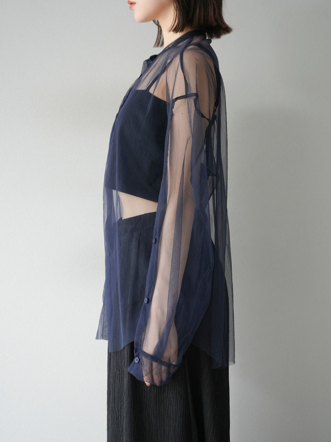 [予約]2WAYスリーブチュールシャツ/ネイビー