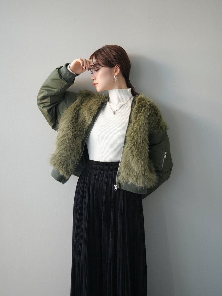 [SET]ファードッキングMA-1+袖ボタンボトルネックリブニットトップス(2set)