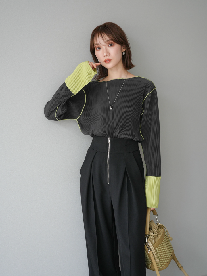 [予約]バイカラープリーツトップス/チャコール