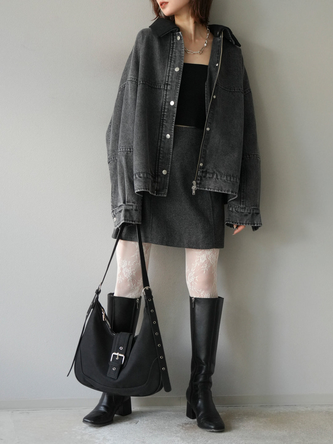 [予約]スウェード襟切替デニムブルゾン/ブラック