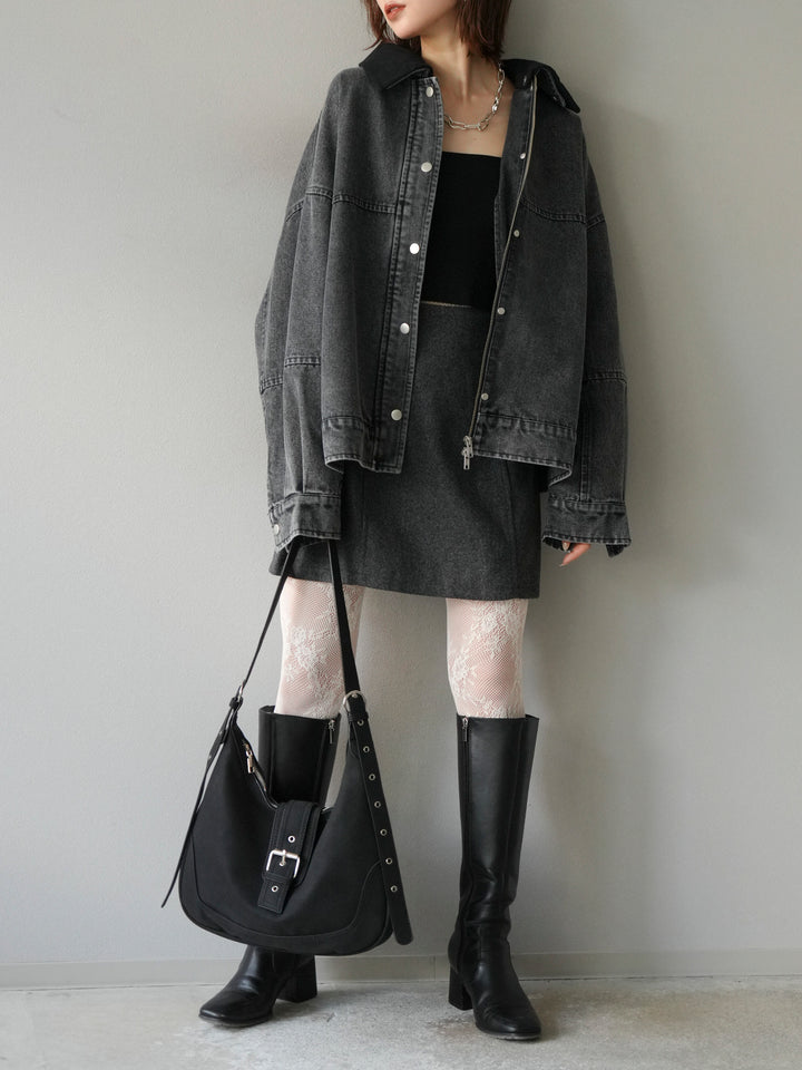 [予約]スウェード襟切替デニムブルゾン/ブラック