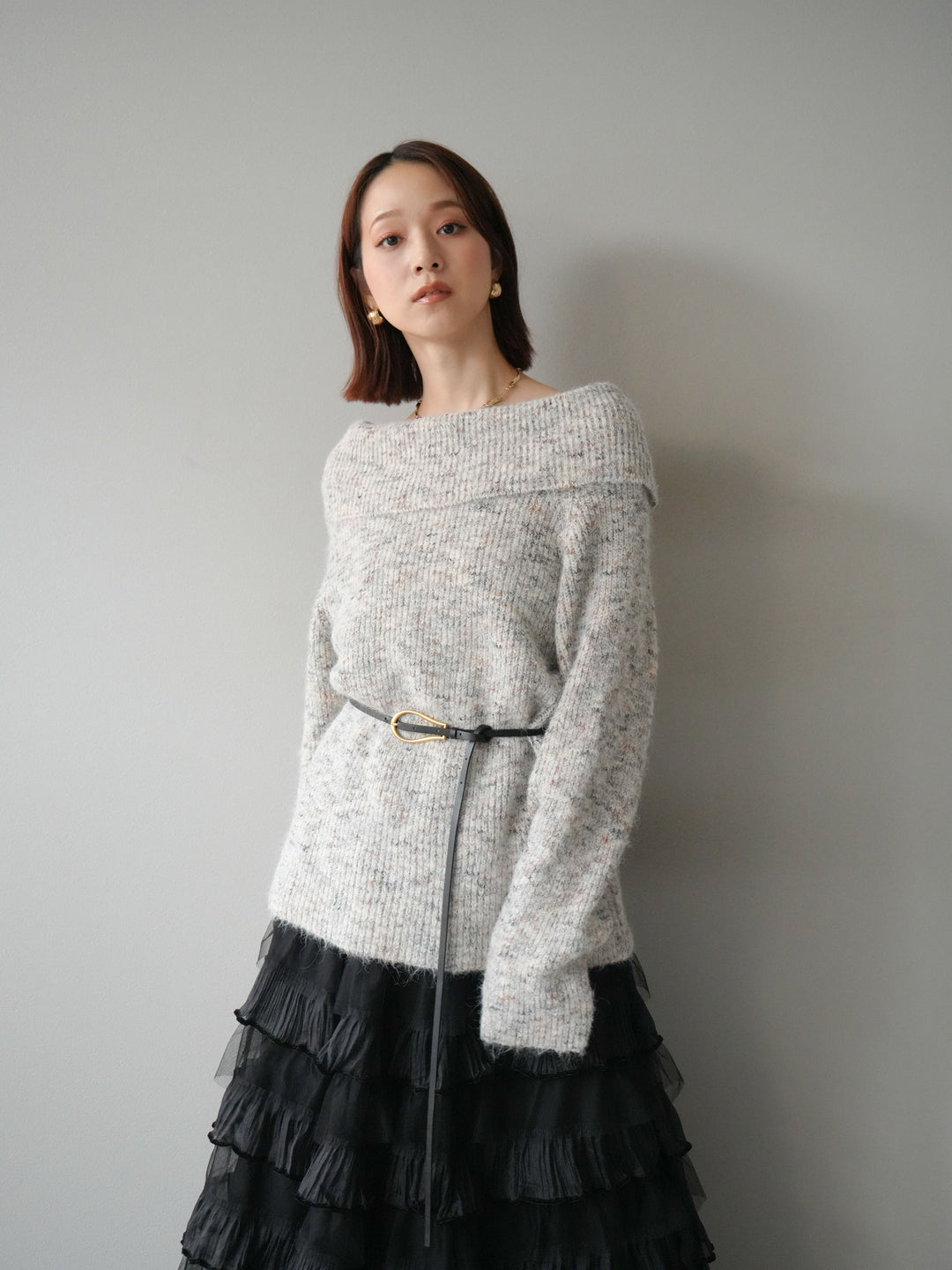 [予約]ミックスヤーンオフショルルーズニットプルオーバー/ベージュ