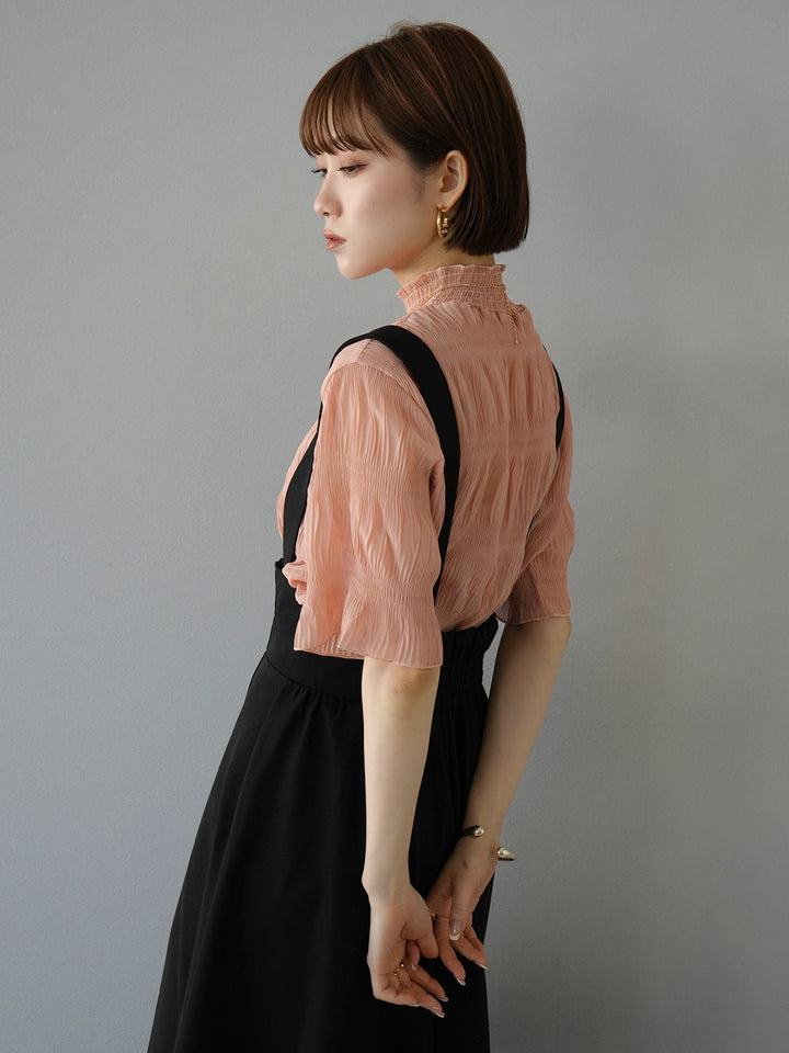 [SET] Shirring chiffon half sleeve blouse + 2WAY flare jumper skirt (2set)