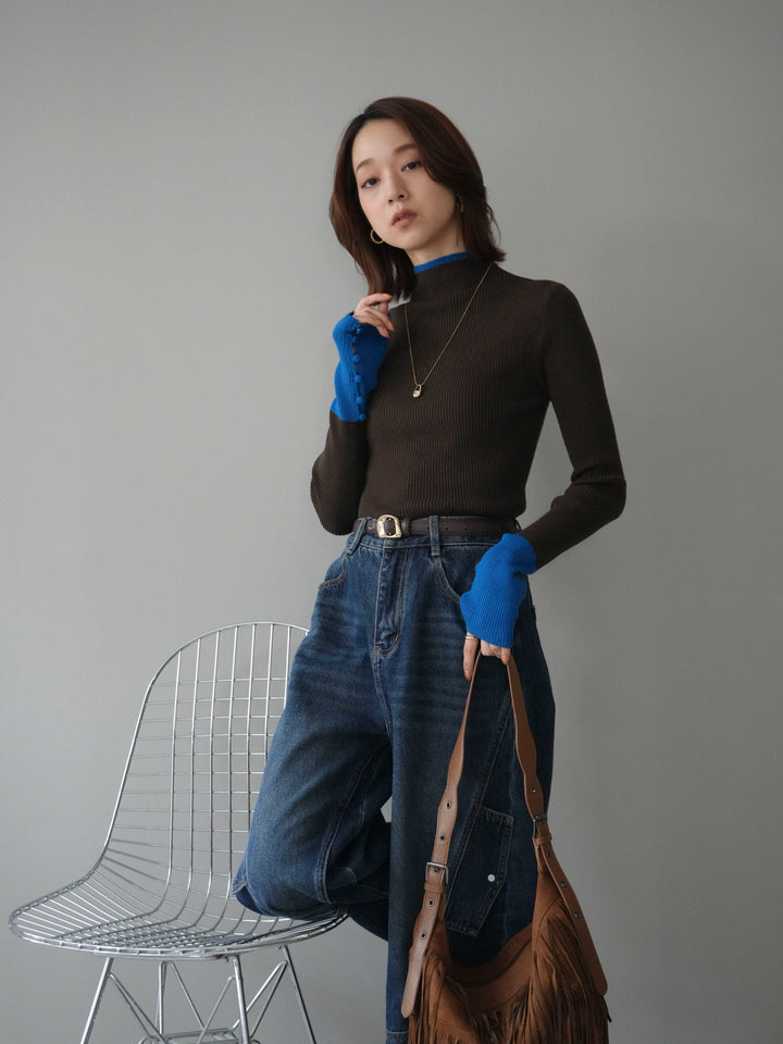 [予約]袖ボタンハイネック配色リブニットトップス/brown
