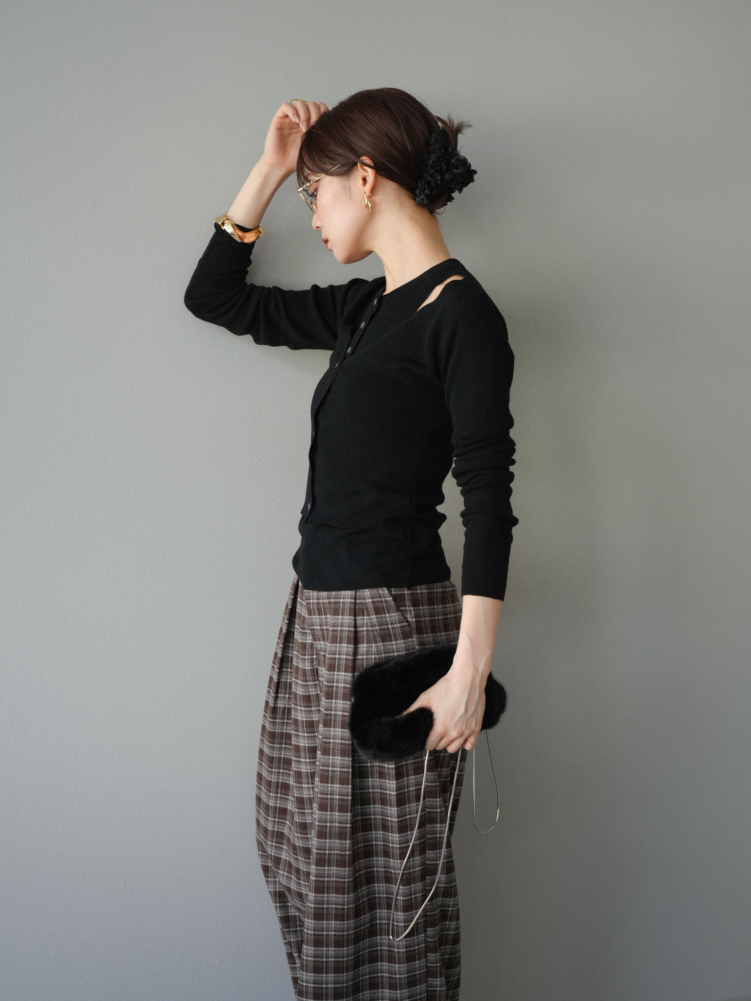 [予約]レイヤードデザインニットカーディガン/ブラック