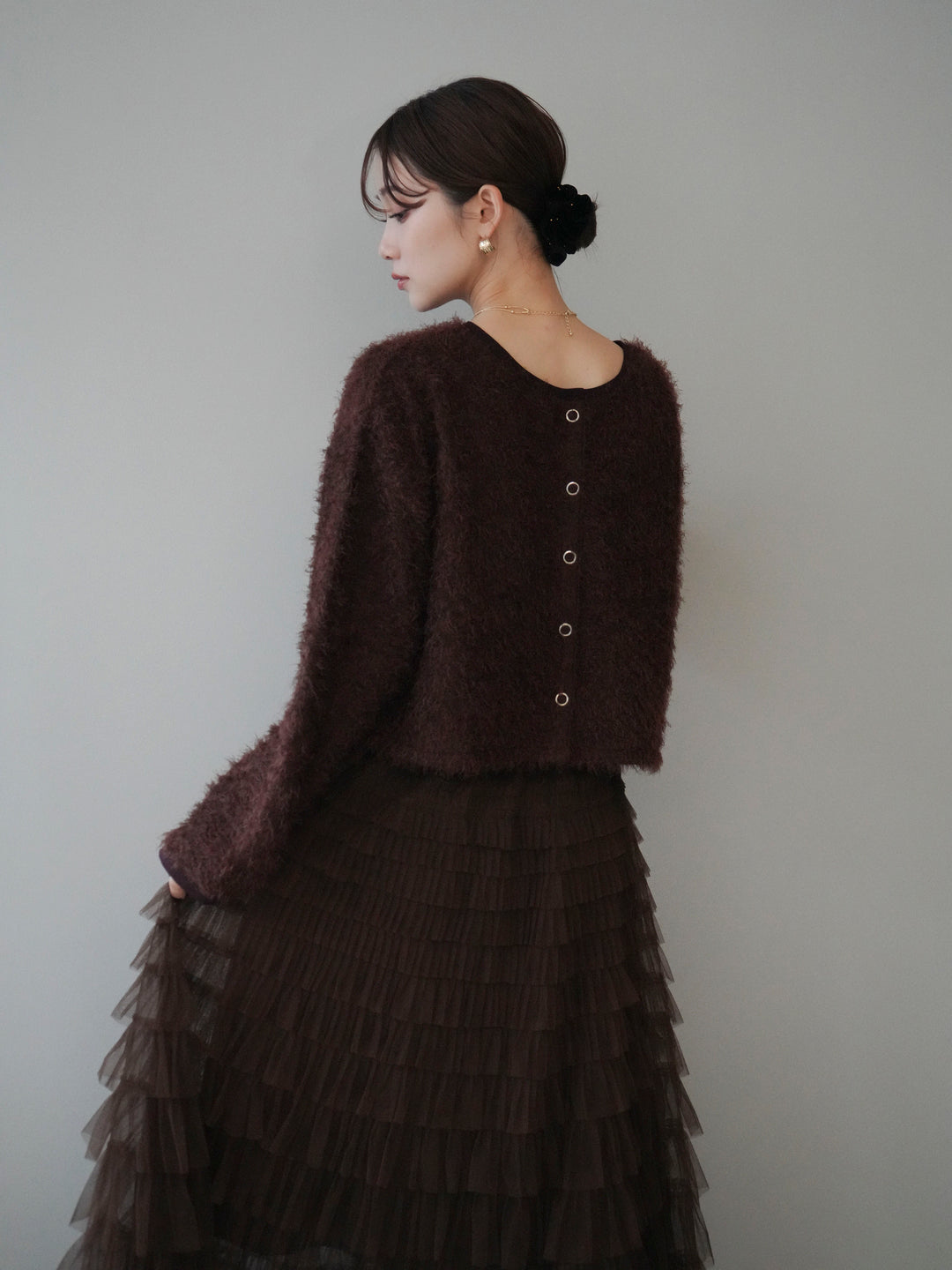 [予約]バイカラー2WAYシャギーニットカーディガン/brown